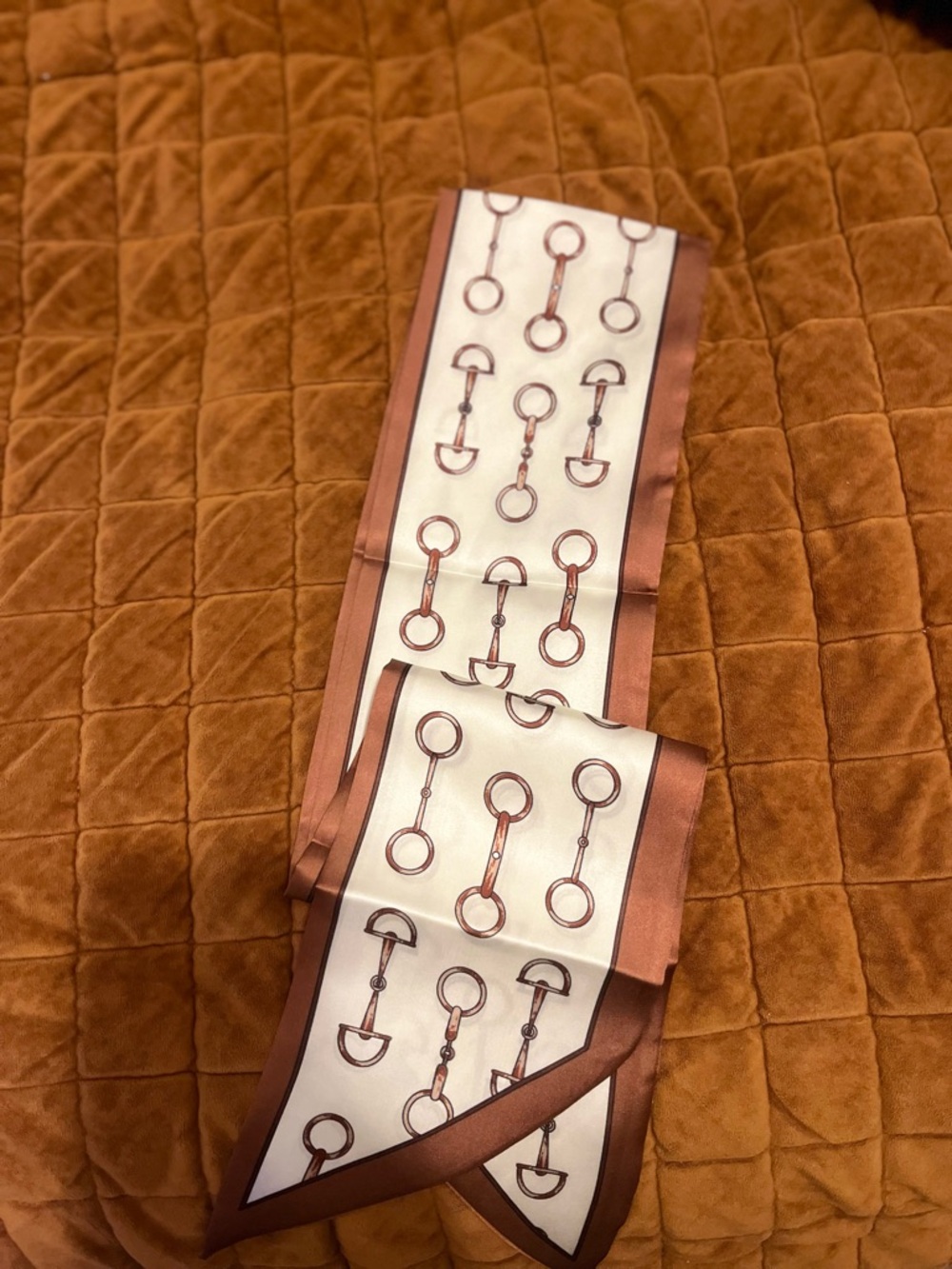 Silky White and Brown Equestrian Print Twilly Scarf